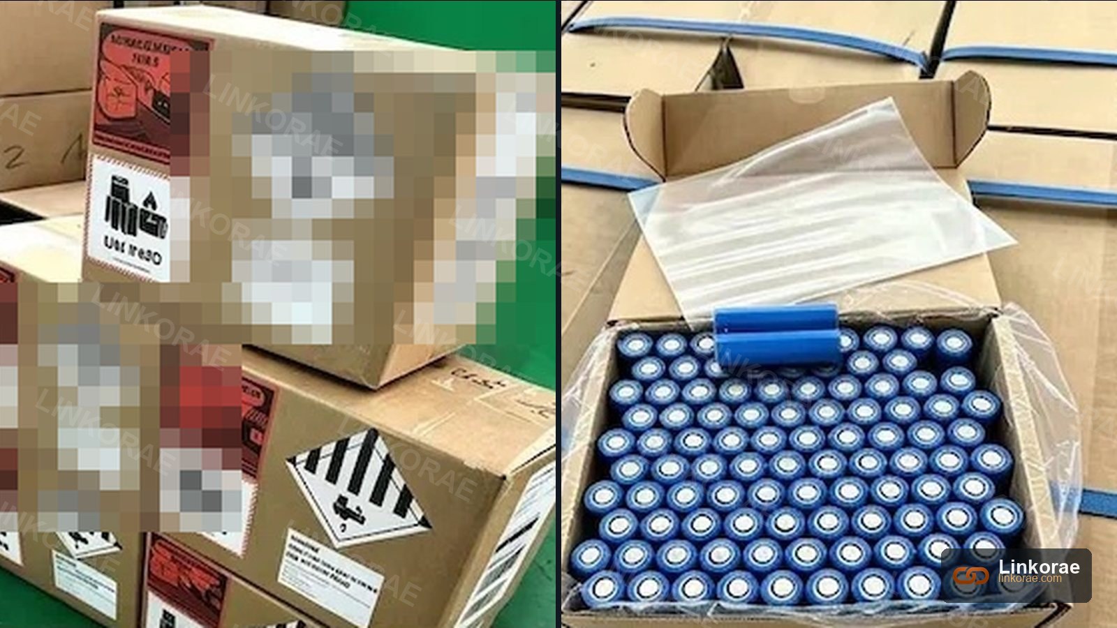 Lithium battery cartons with Class 9 labels, and cells packed inside the carton