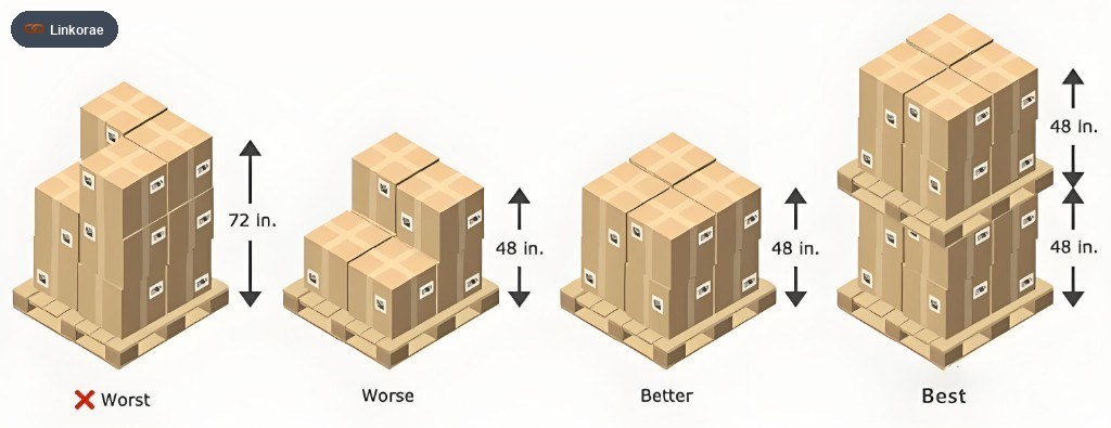 Four pallet stacks from worst to best — uneven height, stepped, square cube, then two level pallets double-stacked