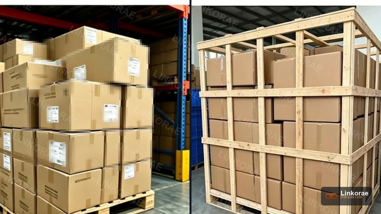 Palletised cartons and the same kind of cartons packed in a wooden crate