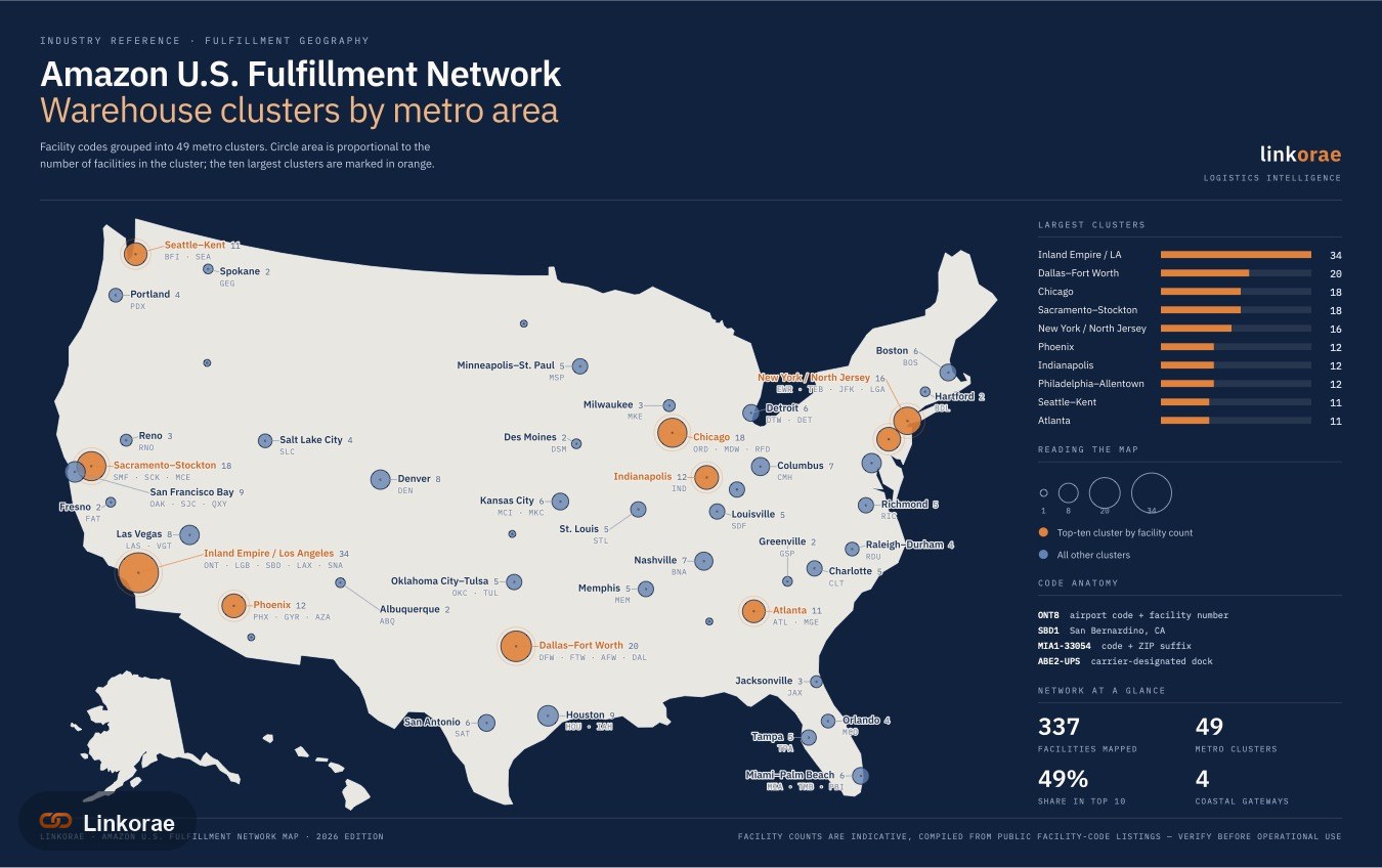 Amazon U.S. fulfillment network — warehouse clusters by metro area