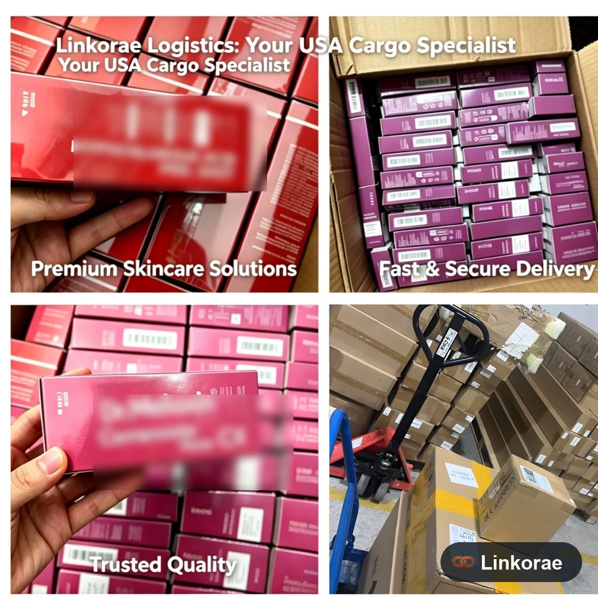 Skincare cartons packed and palletised for US DDP shipping